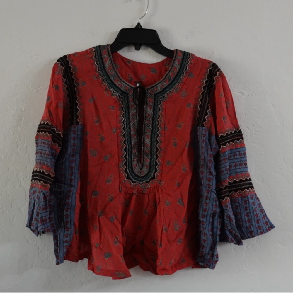 Free People Boho Embroidered Peasant Blouse – Size M, Red & Blue Bell Sleeve Top